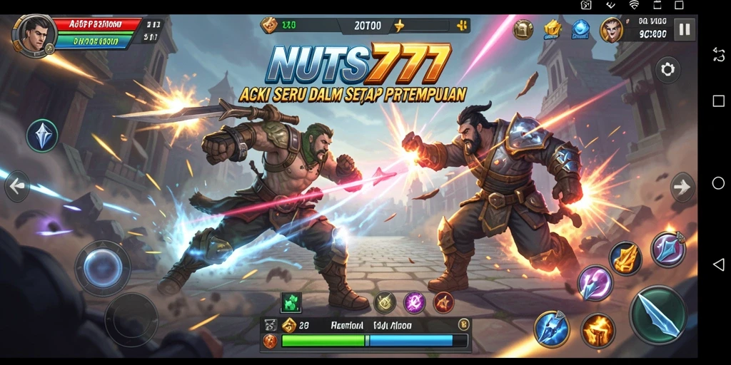 Tampilan antarmuka NUTS777 dengan aksi pertempuran yang intens.